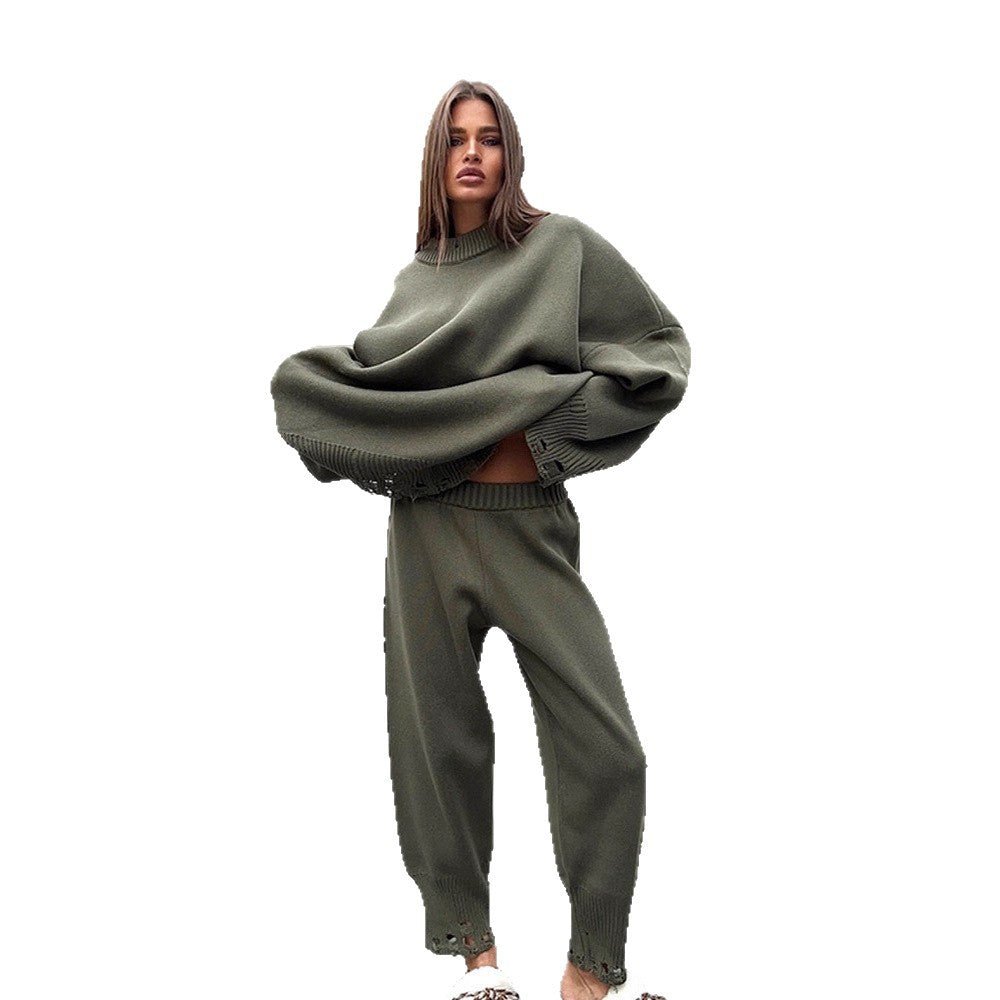 Women's Oversized Knit Set made of Fine Knit with Destroyed Hem, Wide Sweater and Casual Slip-On Pants Chichicherry - Chichicherry
