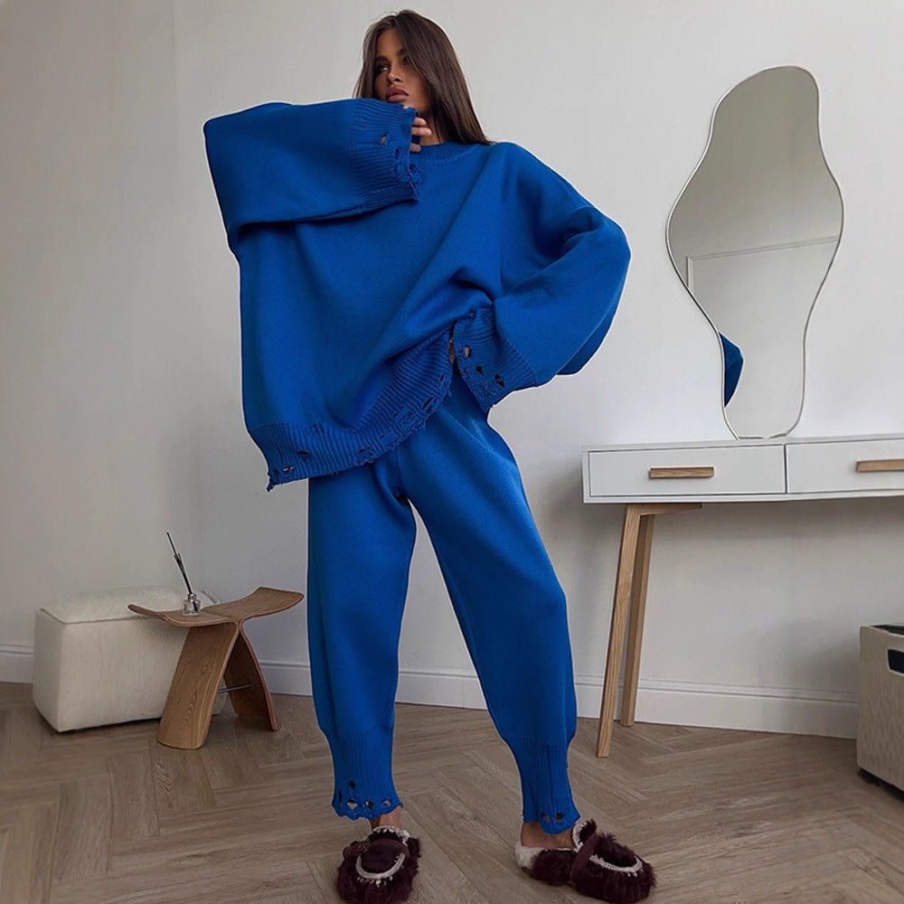 Women's Oversized Knit Set made of Fine Knit with Destroyed Hem, Wide Sweater and Casual Slip-On Pants Chichicherry - Chichicherry
