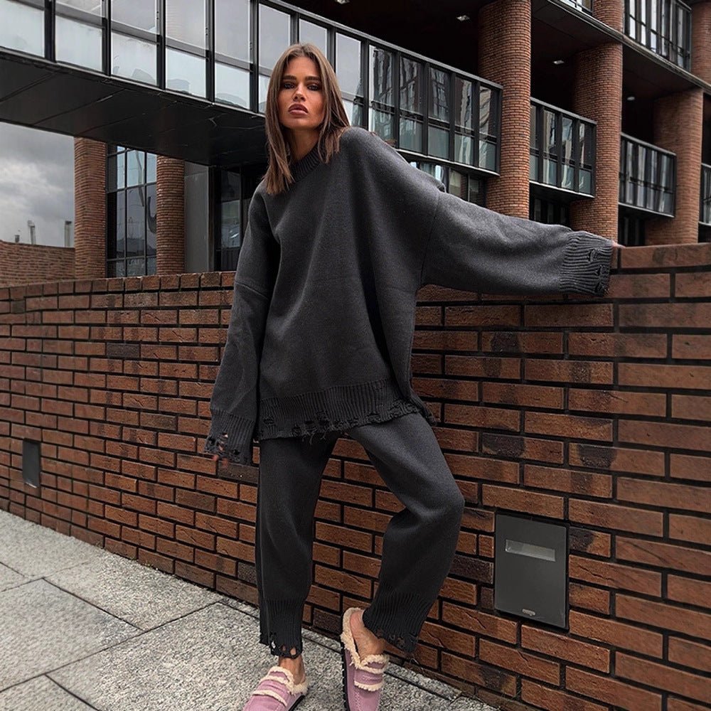 Women's Oversized Knit Set made of Fine Knit with Destroyed Hem, Wide Sweater and Casual Slip-On Pants Chichicherry - Chichicherry