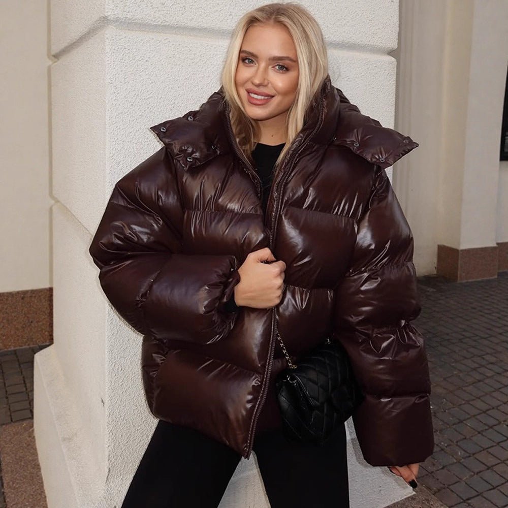 Women's Oversized Puffer Jacket in Patent Look with High Collar and Padded Lining Chichicherry - Chichicherry