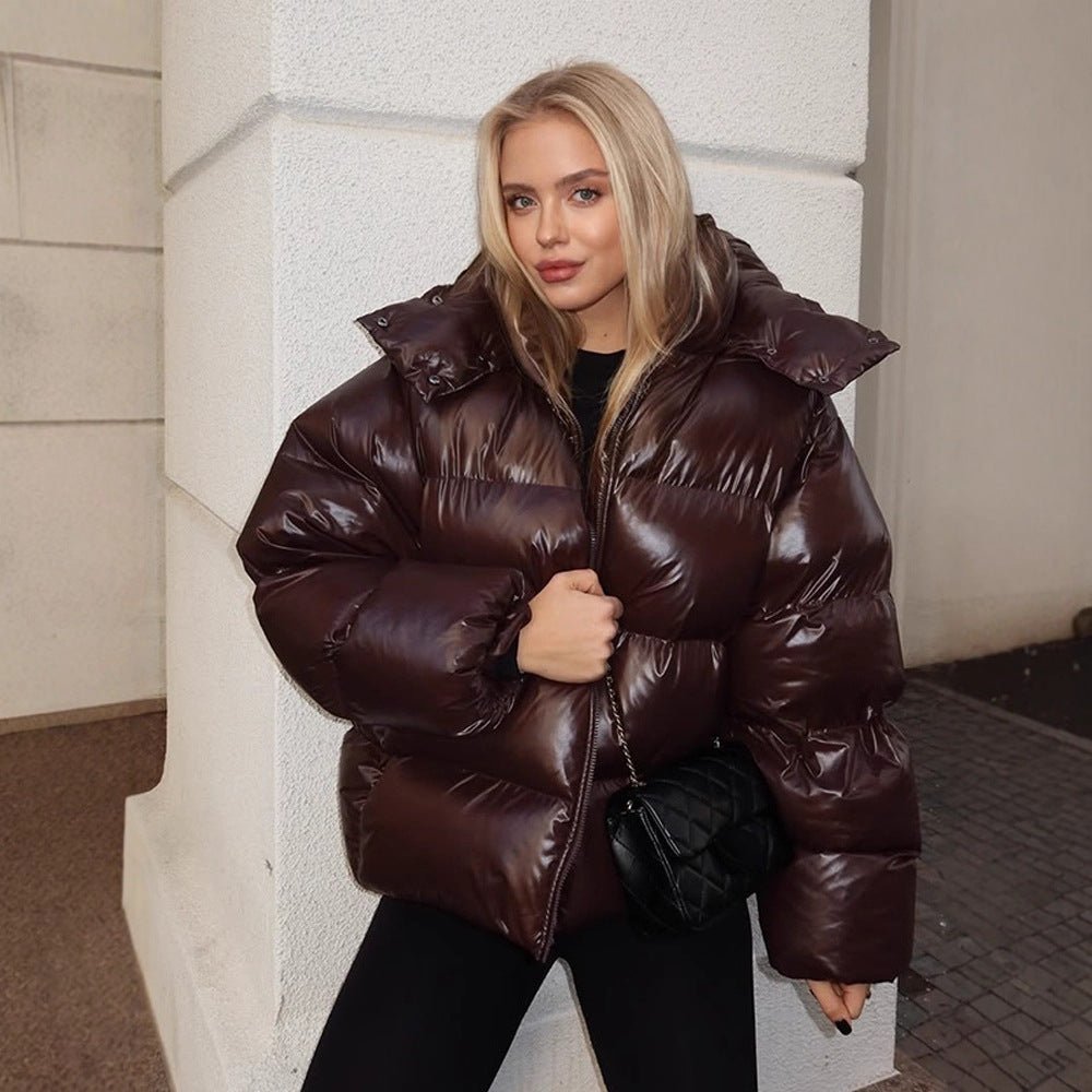 Women's Oversized Puffer Jacket in Patent Look with High Collar and Padded Lining Chichicherry - Chichicherry