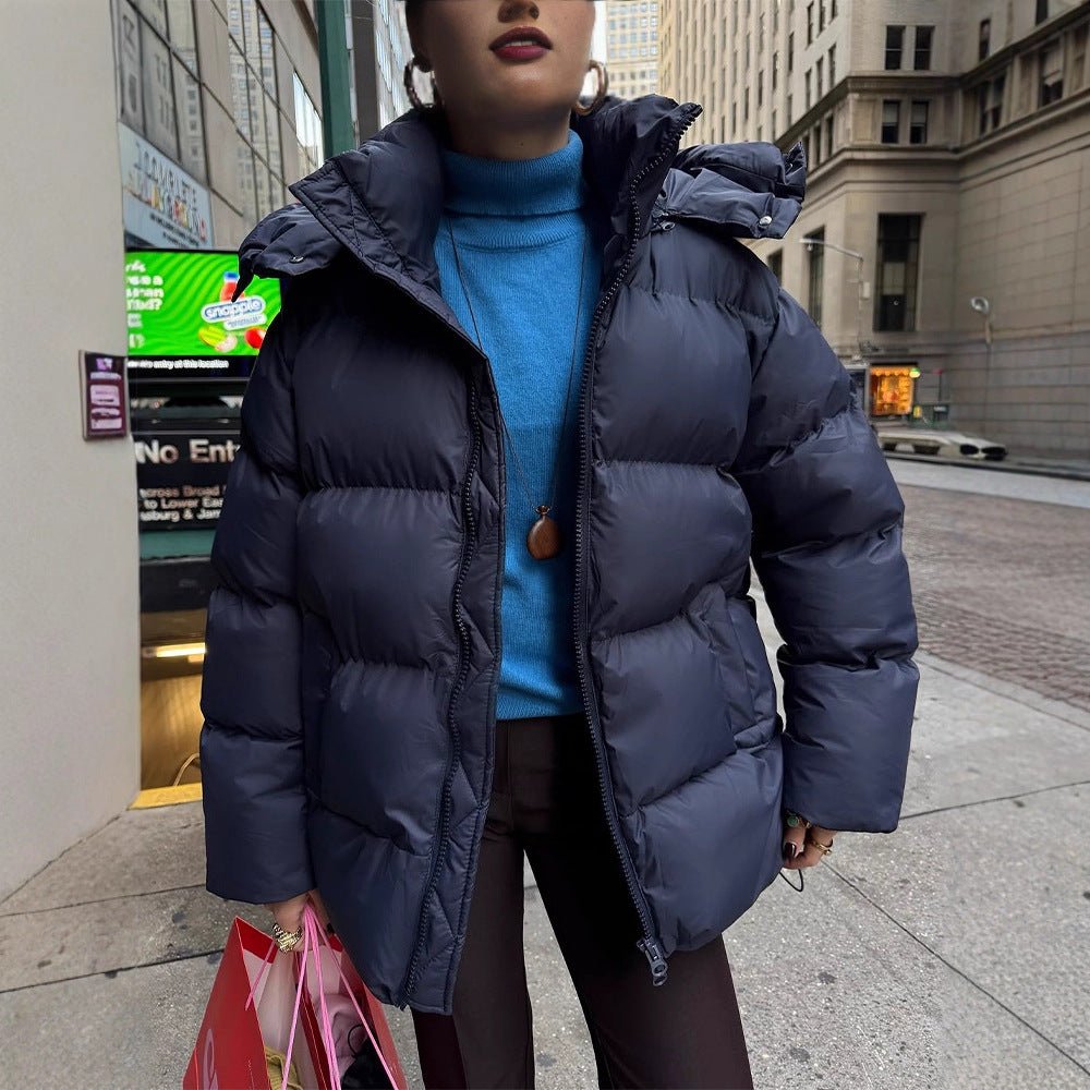 Women's Oversized Quilted Puffer Jacket with Removable Hood and Two-Way Zipper Chichicherry - Chichicherry