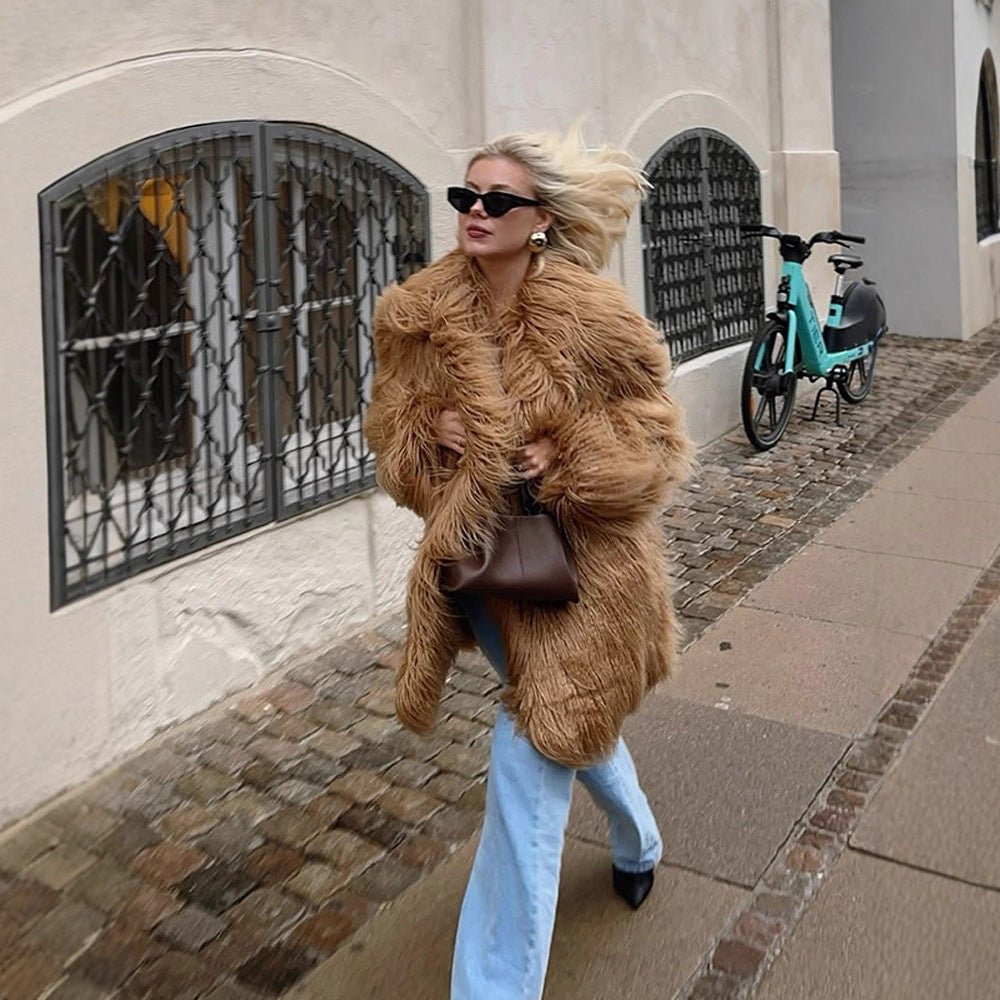 Women's Oversized Shaggy Faux Fur Coat with Long Pile Texture and Concealed Button Placket Chichicherry - Chichicherry