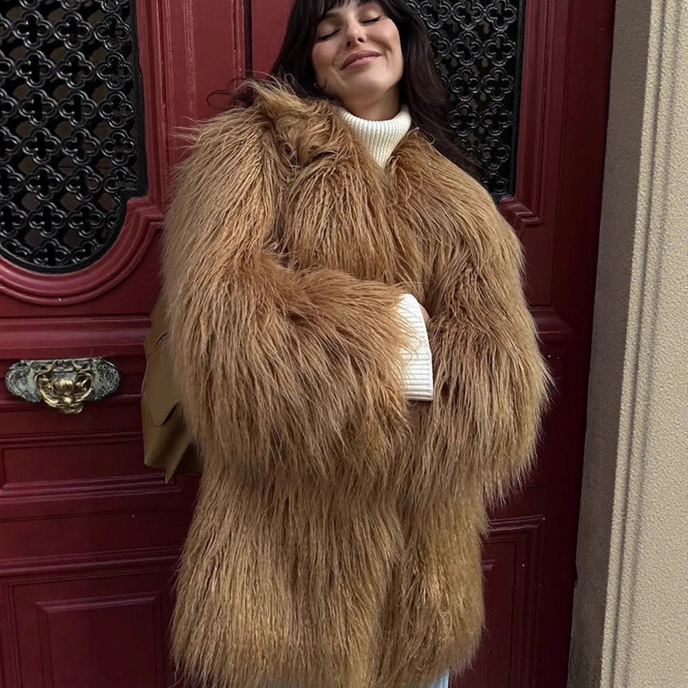 Women's Oversized Shaggy Faux Fur Coat with Long Pile Texture and Concealed Button Placket Chichicherry - Chichicherry