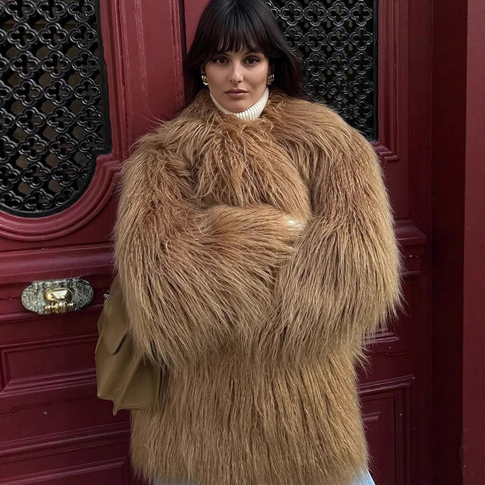 Women's Oversized Shaggy Faux Fur Coat with Long Pile Texture and Concealed Button Placket Chichicherry - Chichicherry