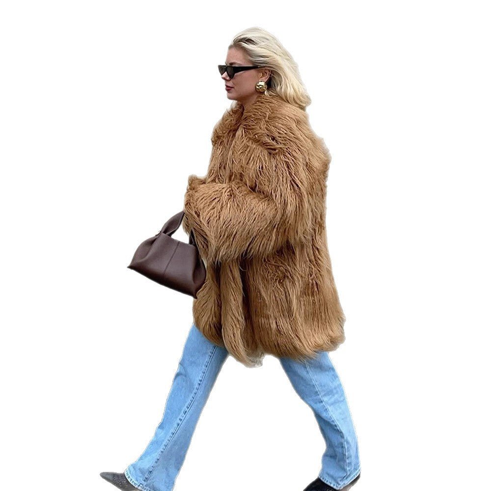 Women's Oversized Shaggy Faux Fur Coat with Long Pile Texture and Concealed Button Placket Chichicherry - Chichicherry