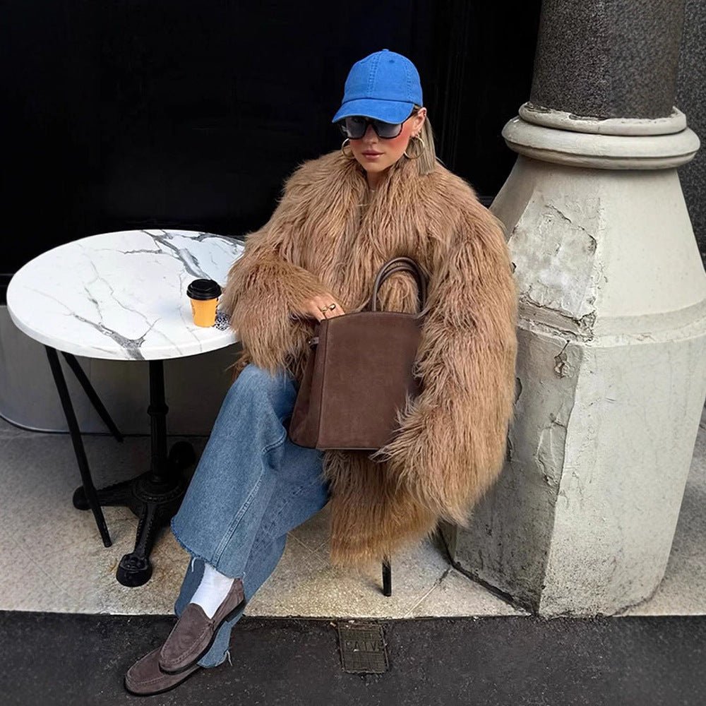 Women's Oversized Shaggy Faux Fur Coat with Long Pile Texture and Concealed Button Placket Chichicherry - Chichicherry
