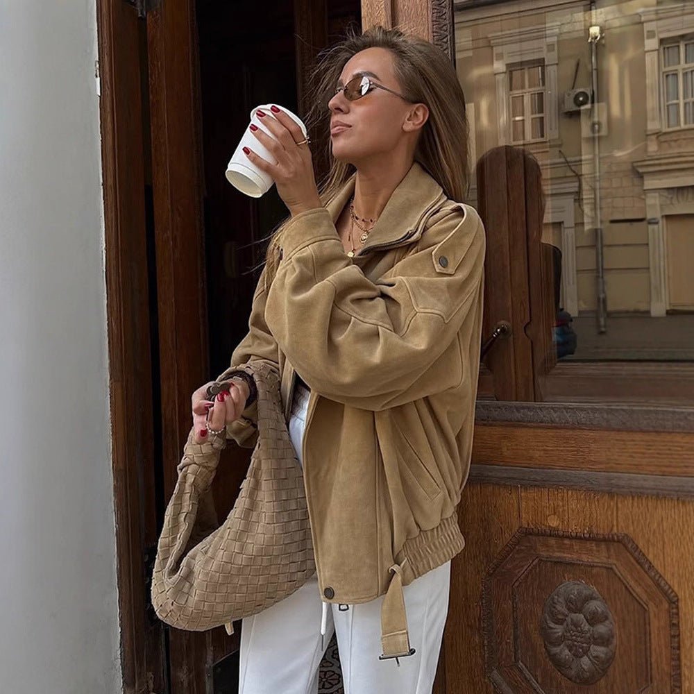 Women's Oversized Suede Leather Bomber Jacket with Epaulettes and Adjustable Waist Chichicherry - Chichicherry