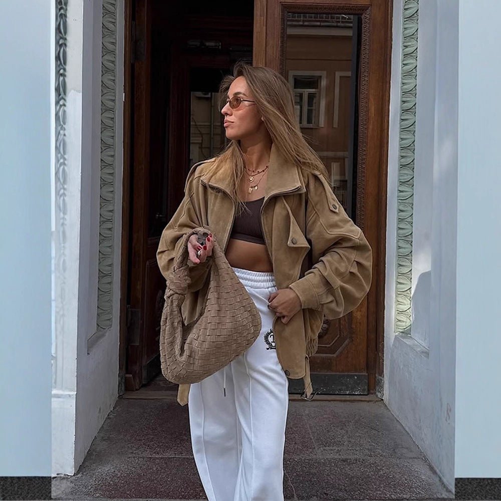 Women's Oversized Suede Leather Bomber Jacket with Epaulettes and Adjustable Waist Chichicherry - Chichicherry