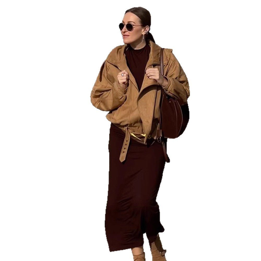 Women's Oversized Suede Leather Bomber Jacket with Epaulettes and Adjustable Waist Chichicherry - Chichicherry