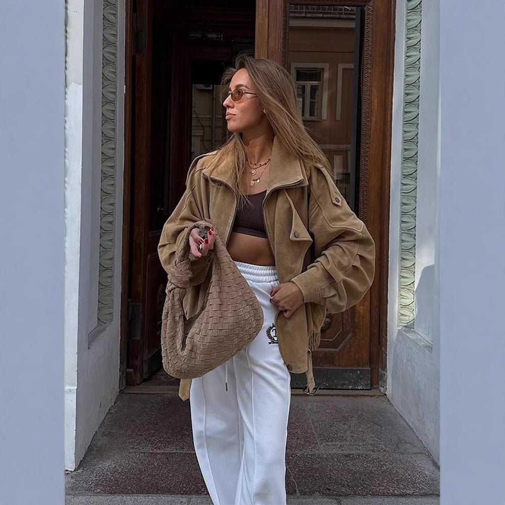 Women's Oversized Suede Leather Bomber Jacket with Epaulettes and Adjustable Waist Chichicherry - Chichicherry