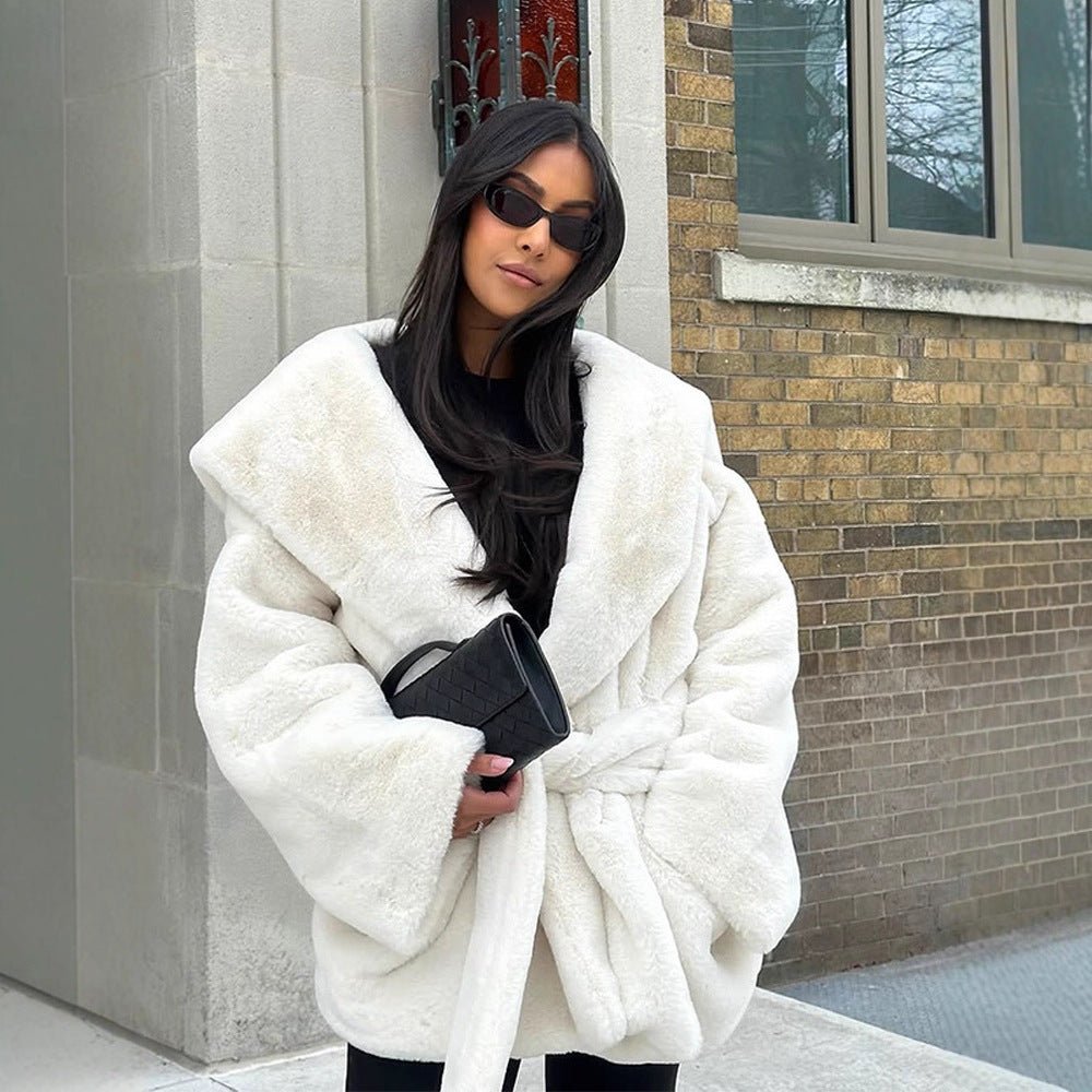 Women's Oversized Teddy Coat with Extra Large Shawl Collar and Wrap Belt Chichicherry - Chichicherry