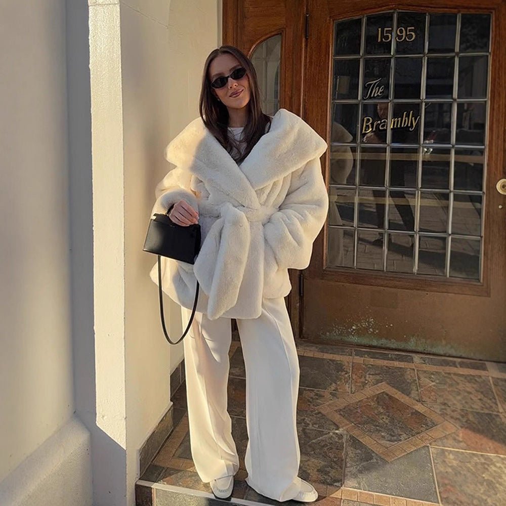 Women's Oversized Teddy Coat with Extra Large Shawl Collar and Wrap Belt Chichicherry - Chichicherry