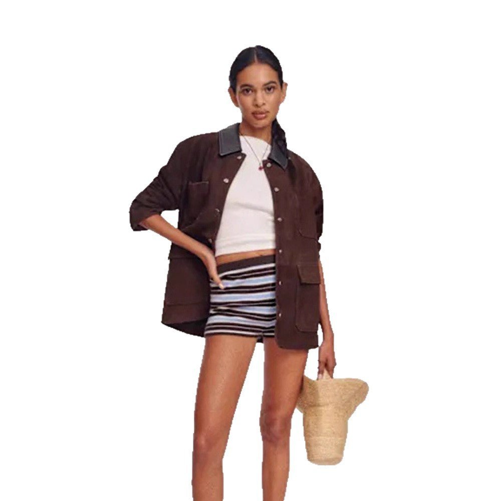 Women's Oversized Utility Jacket in Suede Look with Contrast Collar & Patch Pockets Chichicherry - Chichicherry