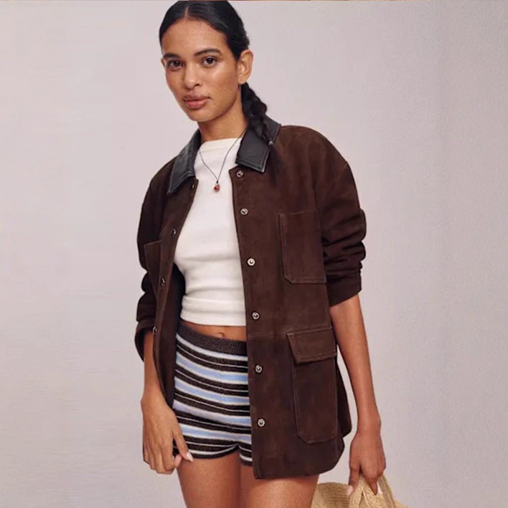 Women's Oversized Utility Jacket in Suede Look with Contrast Collar & Patch Pockets Chichicherry - Chichicherry
