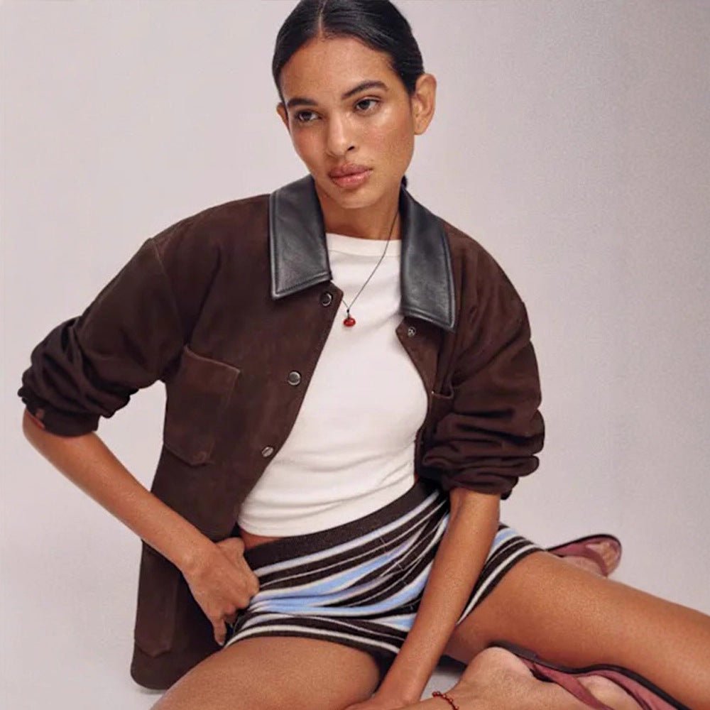 Women's Oversized Utility Jacket in Suede Look with Contrast Collar & Patch Pockets Chichicherry - Chichicherry