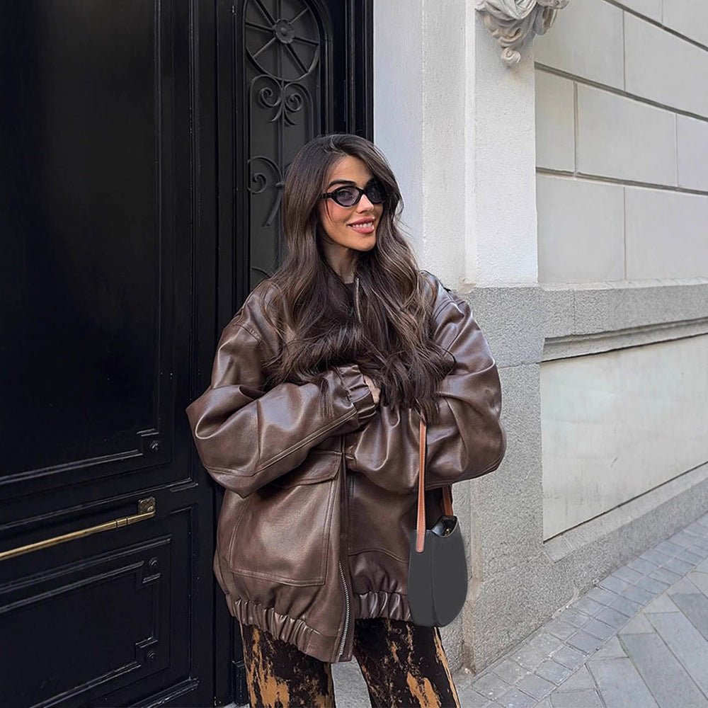 Women's Oversized Vegan Leather Bomber Jacket with Elastic Hem & Large Flap Pockets Chichicherry - Chichicherry