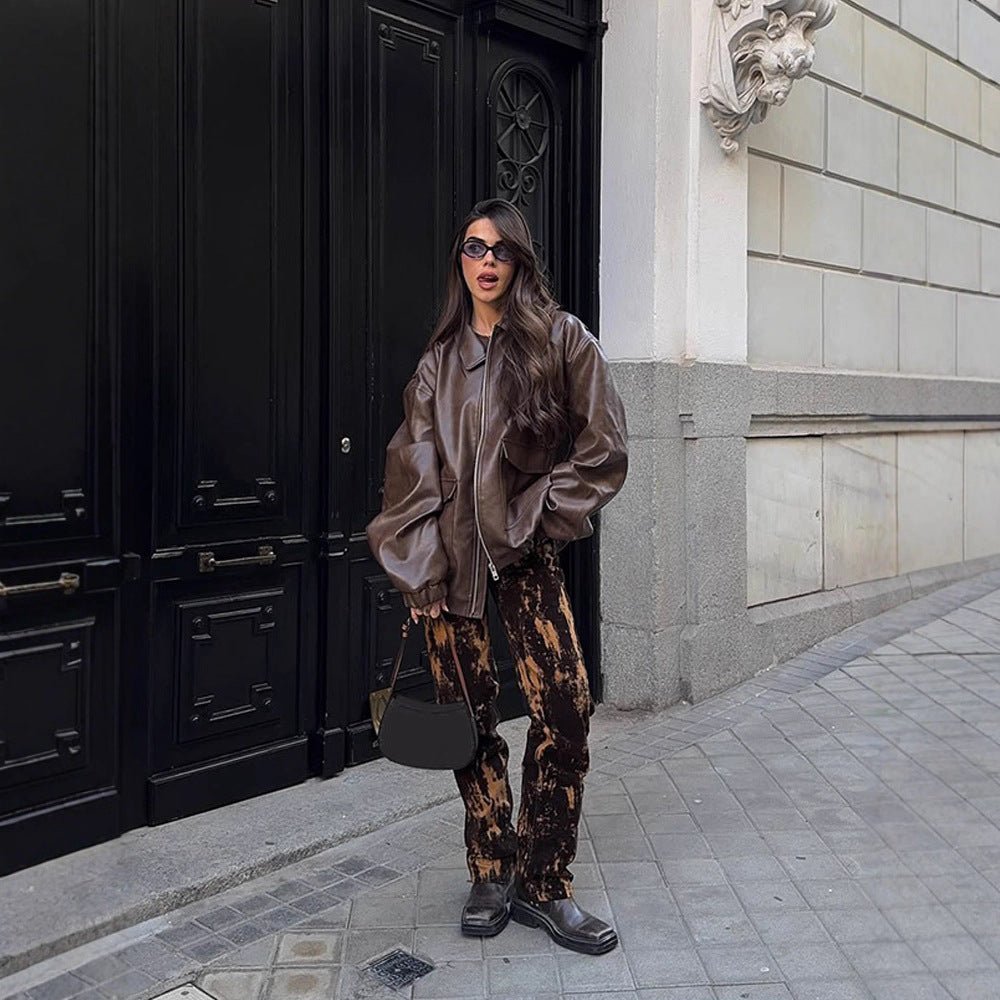 Women's Oversized Vegan Leather Bomber Jacket with Elastic Hem & Large Flap Pockets Chichicherry - Chichicherry