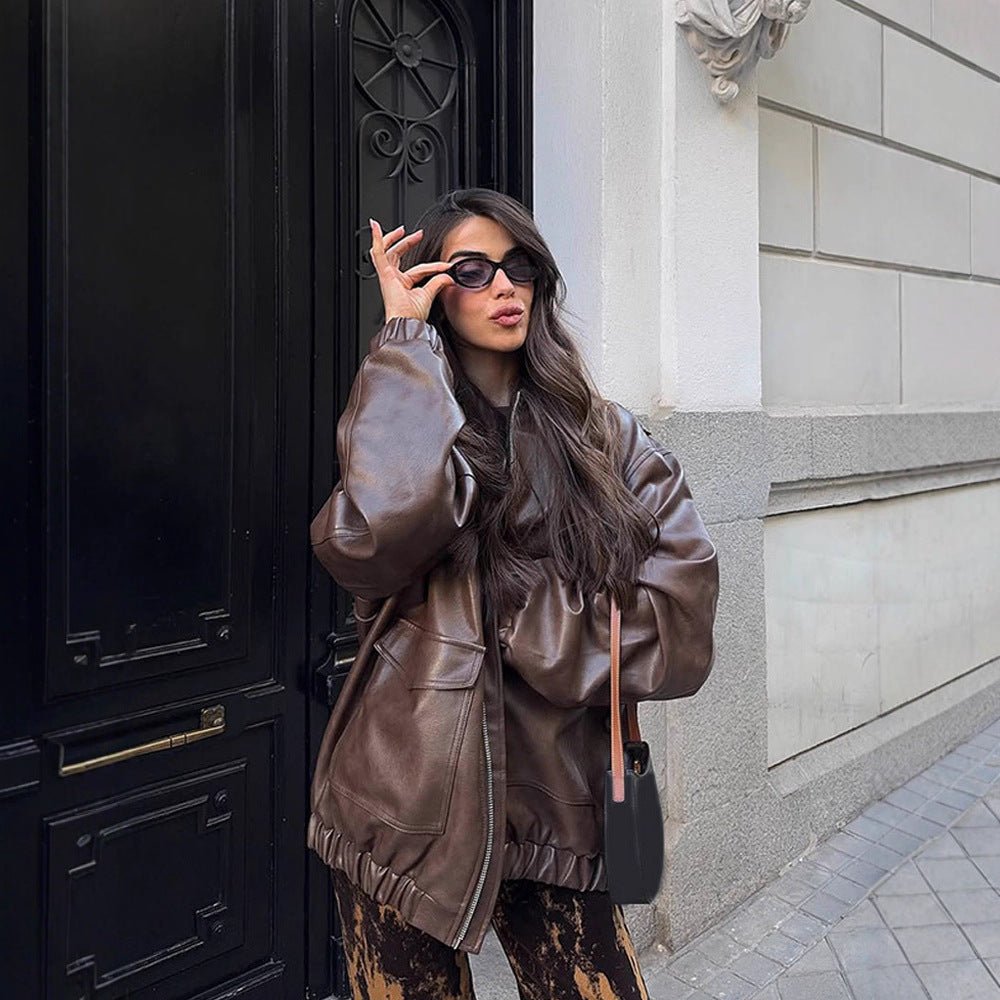Women's Oversized Vegan Leather Bomber Jacket with Elastic Hem & Large Flap Pockets Chichicherry - Chichicherry