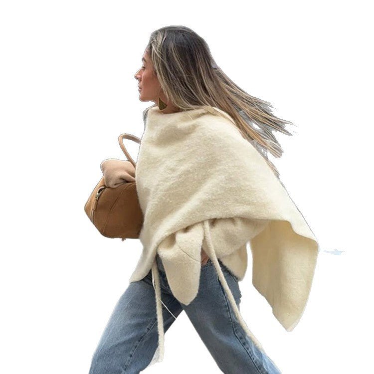 Women's Oversized Wool Mix Poncho with Asymmetrical Fall and Ties Chichicherry - Chichicherry