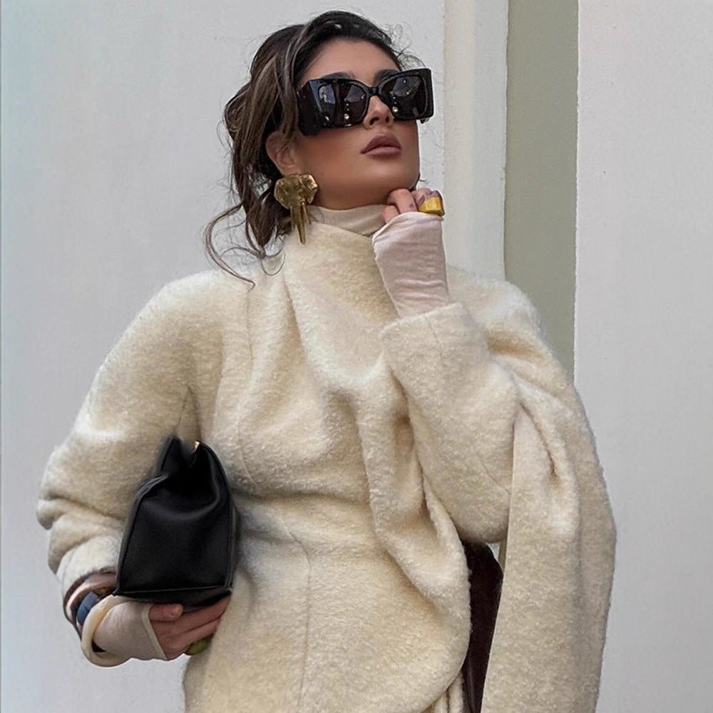 Women's Oversized Wool Mix Poncho with Asymmetrical Fall and Ties Chichicherry - Chichicherry