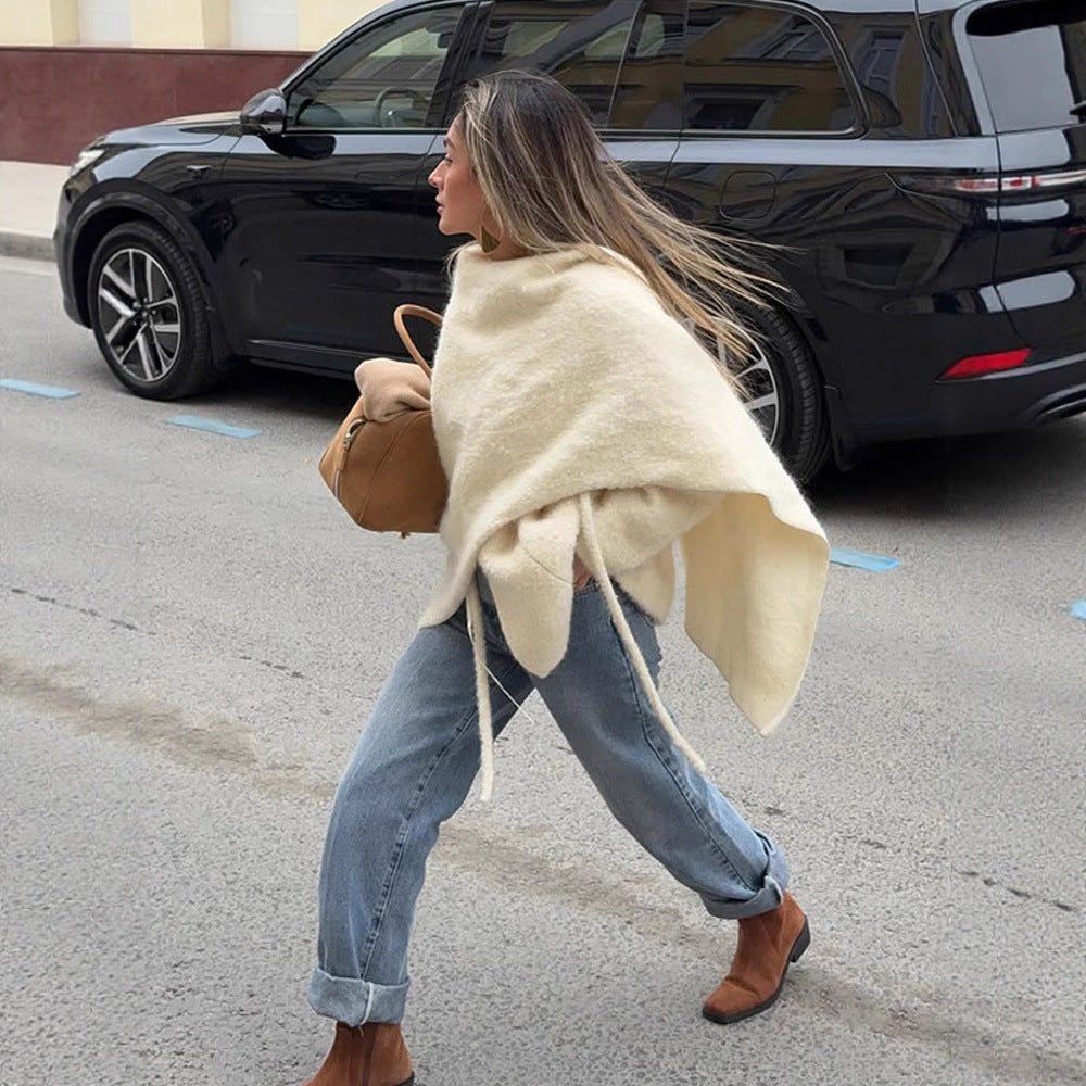 Women's Oversized Wool Mix Poncho with Asymmetrical Fall and Ties Chichicherry - Chichicherry