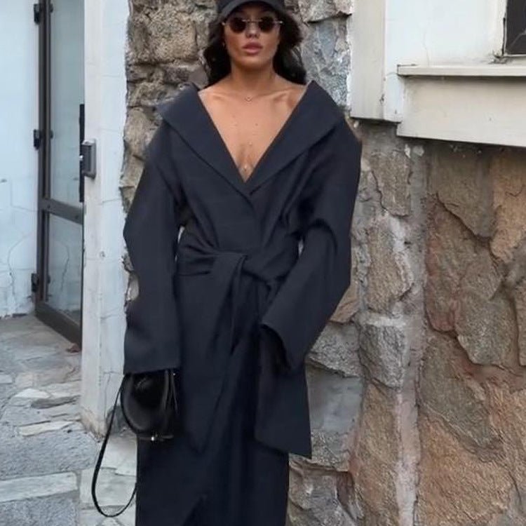 Women's Oversized Wrap Coat with Wide Shawl Collar and Tie Belt Chichicherry - Chichicherry