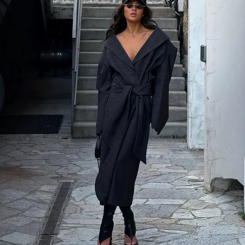Women's Oversized Wrap Coat with Wide Shawl Collar and Tie Belt Chichicherry - Chichicherry