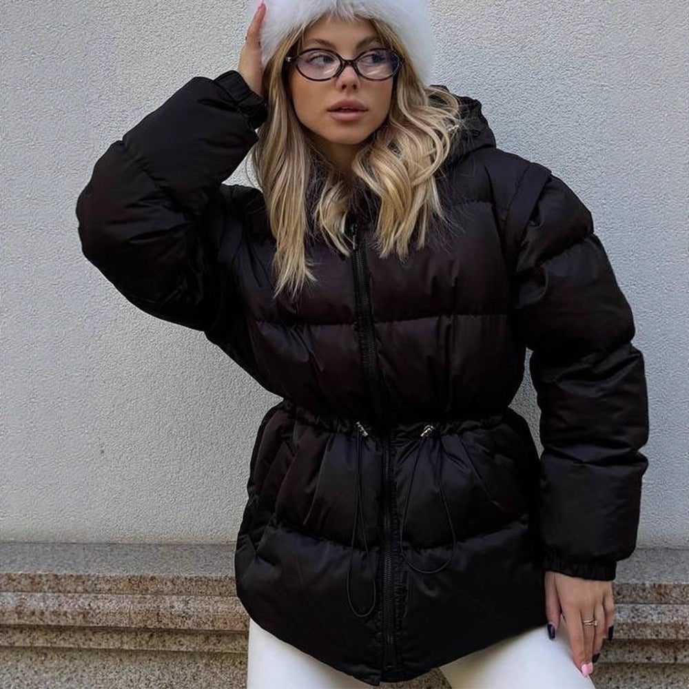 Women's Padded Hooded Quilted Jacket with Drawstring Waist and Boxy Sleeves Chichicherry - Chichicherry