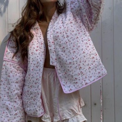 Women's Padded Short Quilted Jacket with Floral Micro Print, Contrast Piping & Boxy Silhouette Chichicherry - Chichicherry