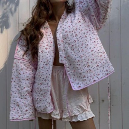 Women's Padded Short Quilted Jacket with Floral Micro Print, Contrast Piping & Boxy Silhouette Chichicherry - Chichicherry