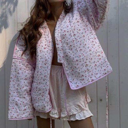 Women's Padded Short Quilted Jacket with Floral Micro Print, Contrast Piping & Boxy Silhouette Chichicherry - Chichicherry