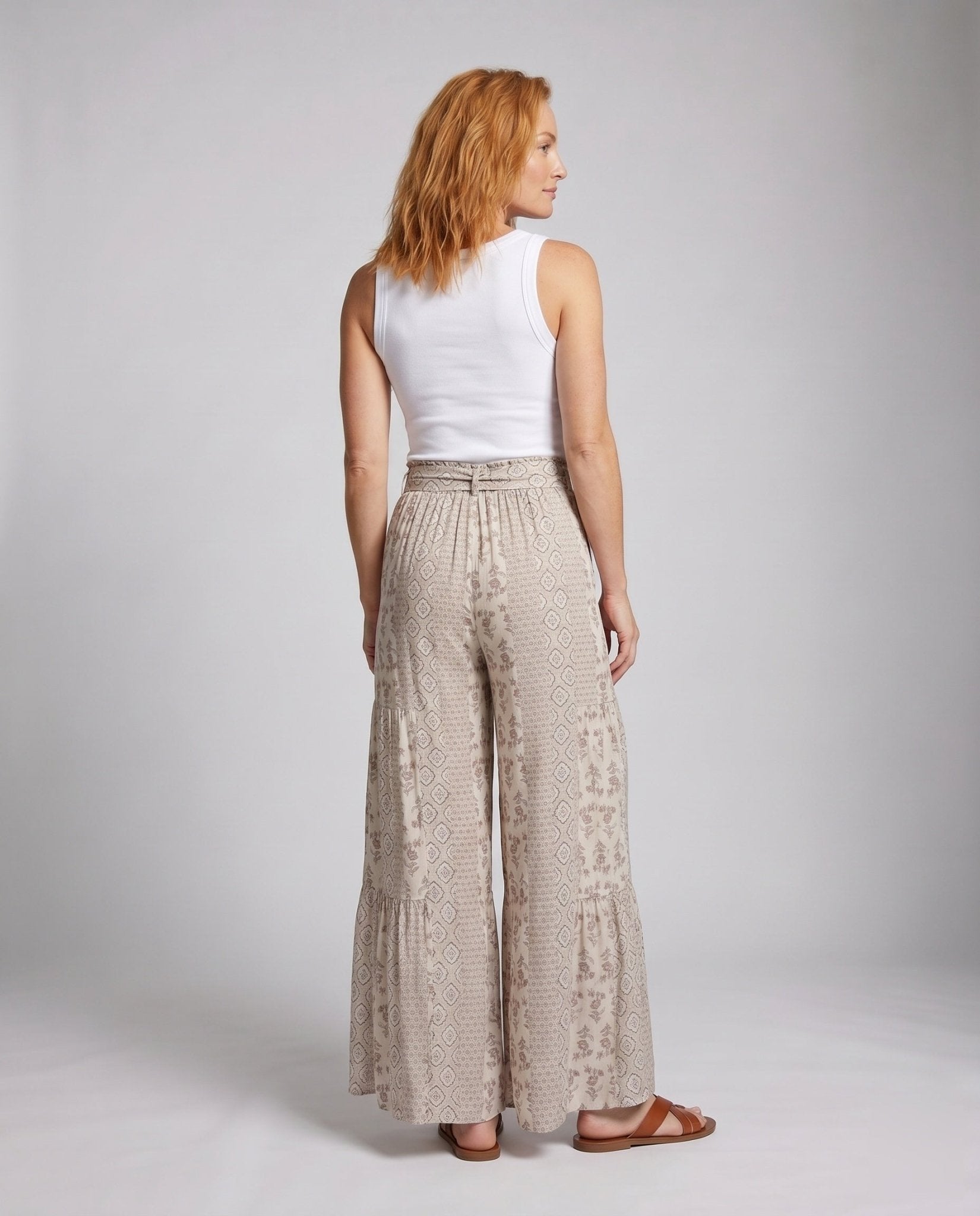 Women's palazzo pants with floral print and playful tie belt - Chichicherry