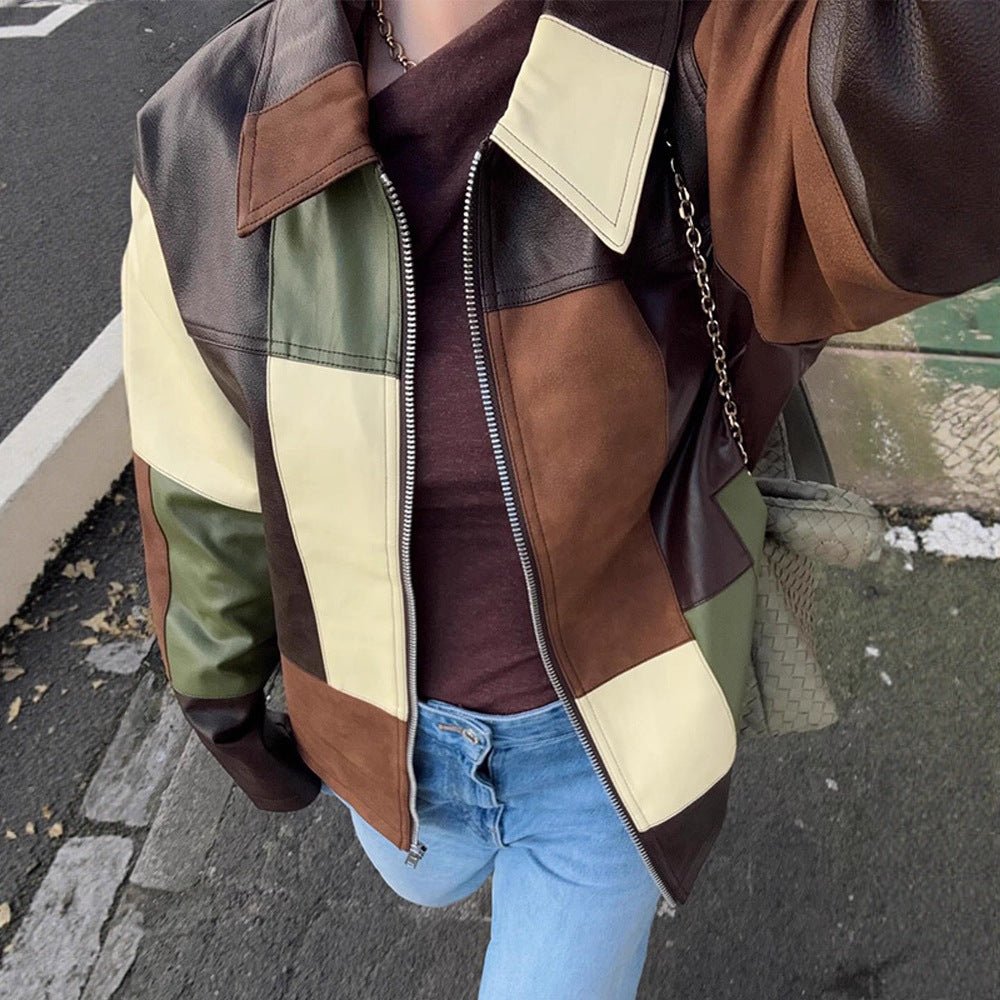 Women's Patchwork Leather Jacket with Zipper and Oversized Boxy Cut Chichicherry - Chichicherry