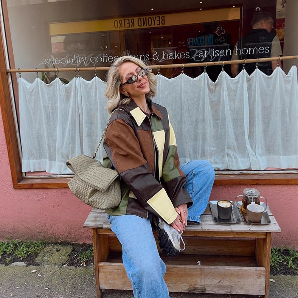Women's Patchwork Leather Jacket with Zipper and Oversized Boxy Cut Chichicherry - Chichicherry