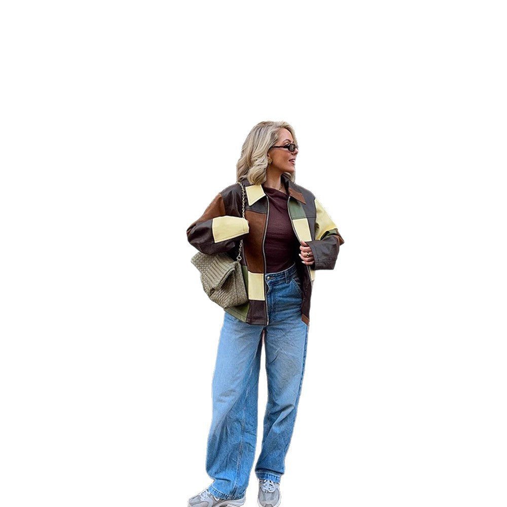 Women's Patchwork Leather Jacket with Zipper and Oversized Boxy Cut Chichicherry - Chichicherry