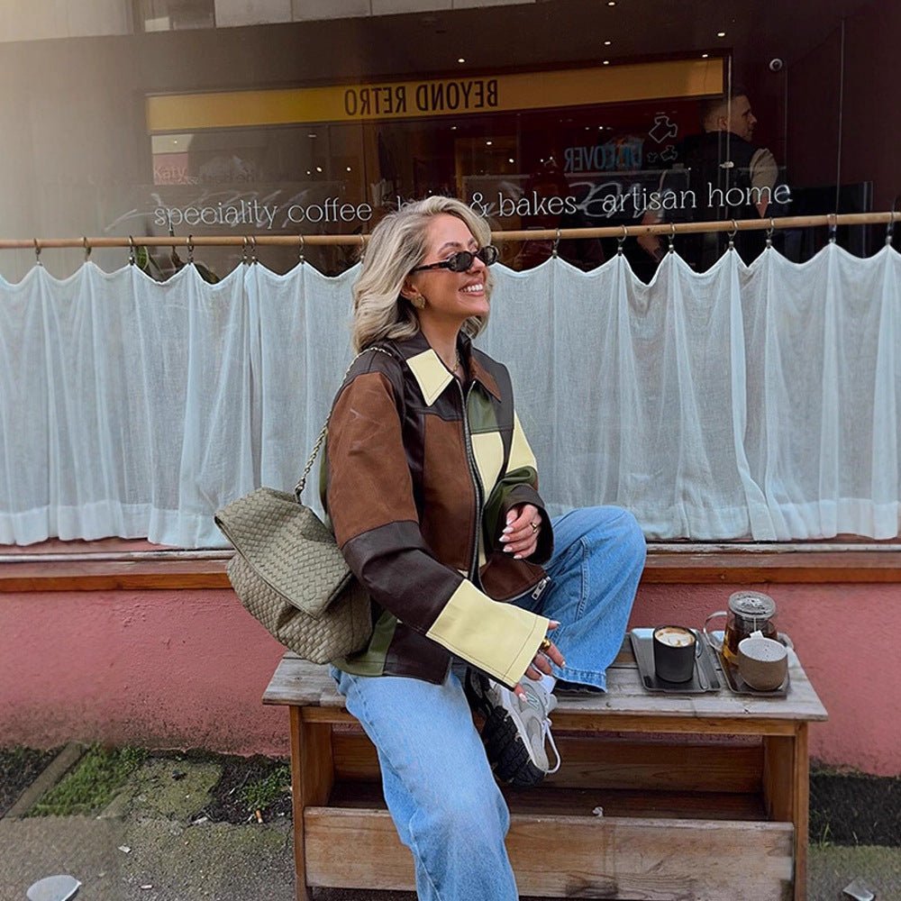 Women's Patchwork Leather Jacket with Zipper and Oversized Boxy Cut Chichicherry - Chichicherry