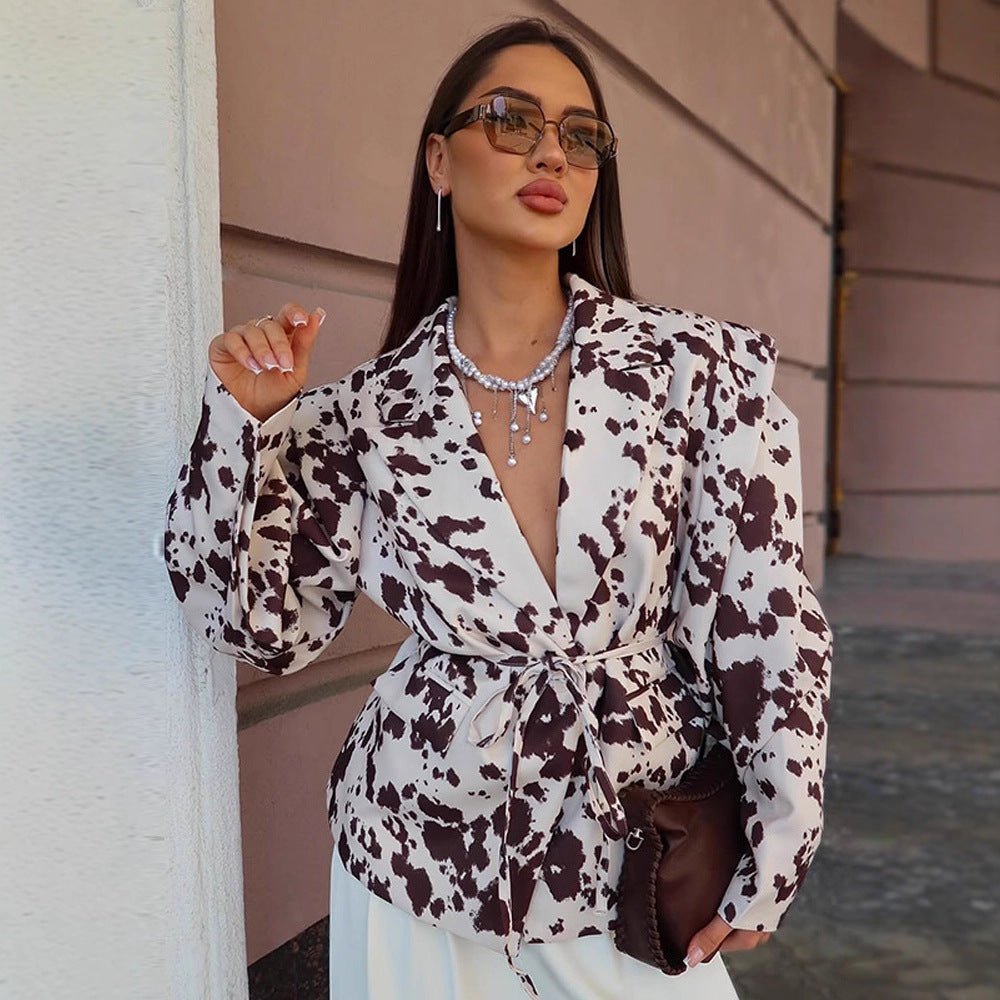 Women's patterned fitted blazer with drawstring belt and dropped shoulders Chichicherry - Chichicherry
