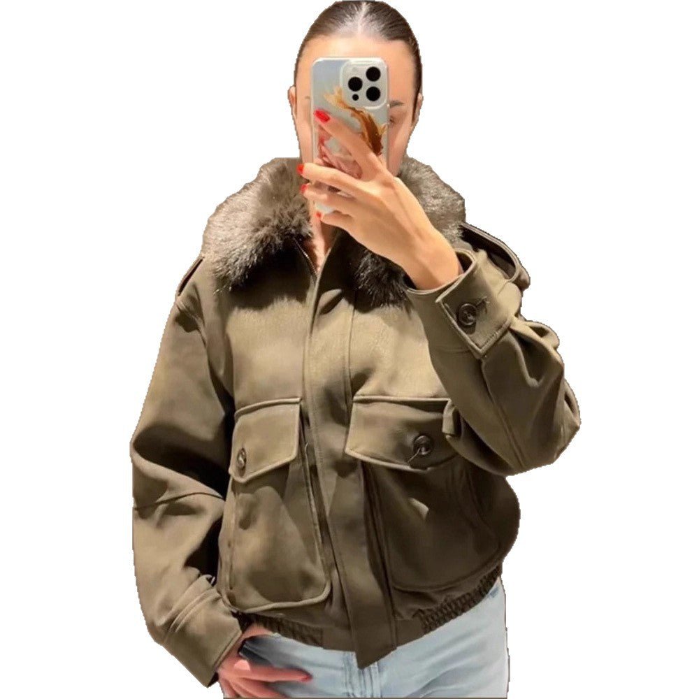 Women's pilot jacket made of suede imitation with removable faux fur collar and patch flap pockets Chichicherry - Chichicherry