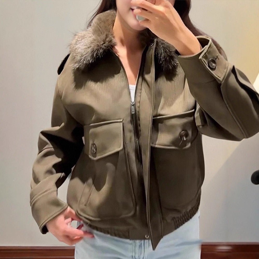 Women's pilot jacket made of suede imitation with removable faux fur collar and patch flap pockets Chichicherry - Chichicherry