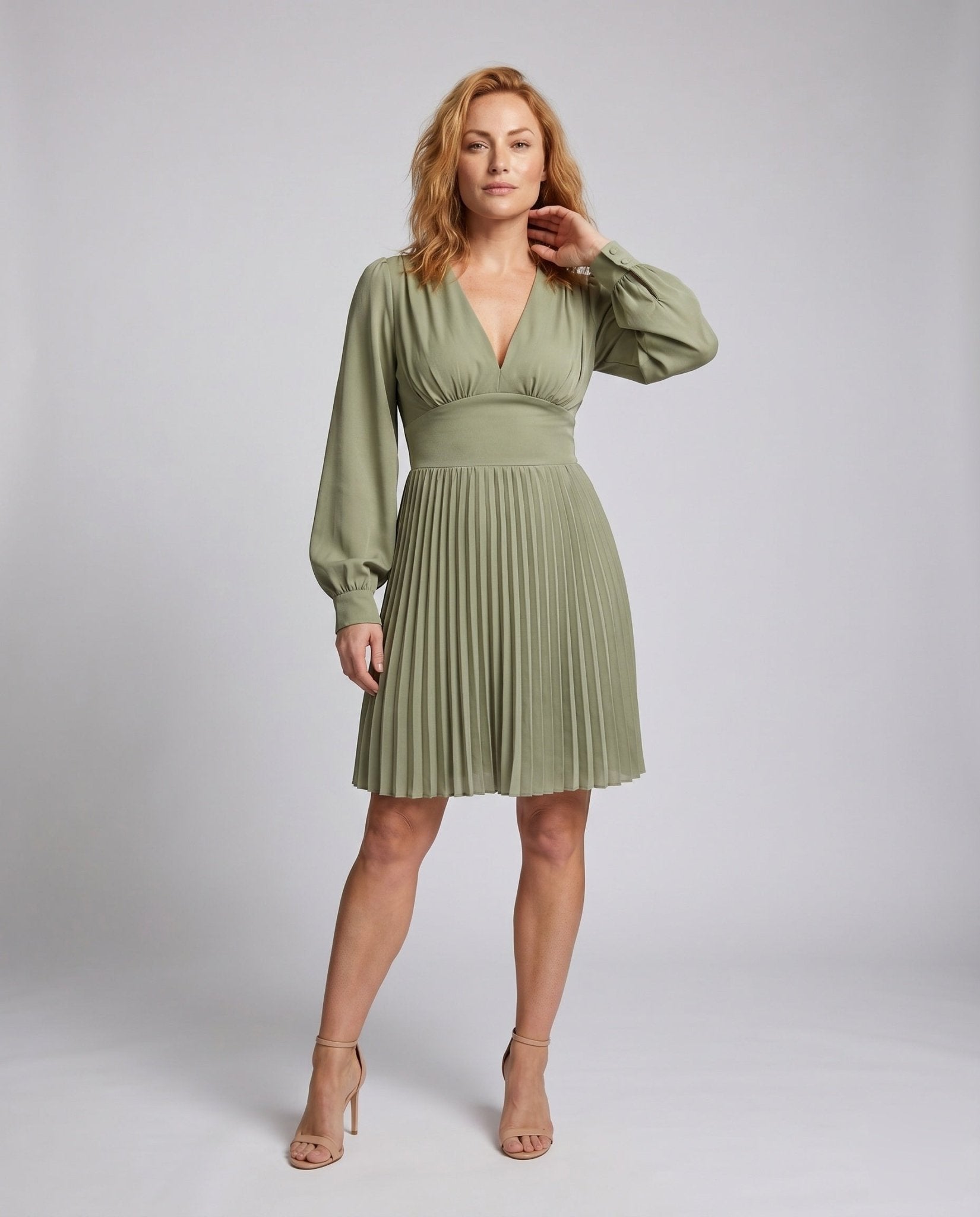 Women's Pleated Dress with Deep V-Neck and Long Sleeves - Chichicherry
