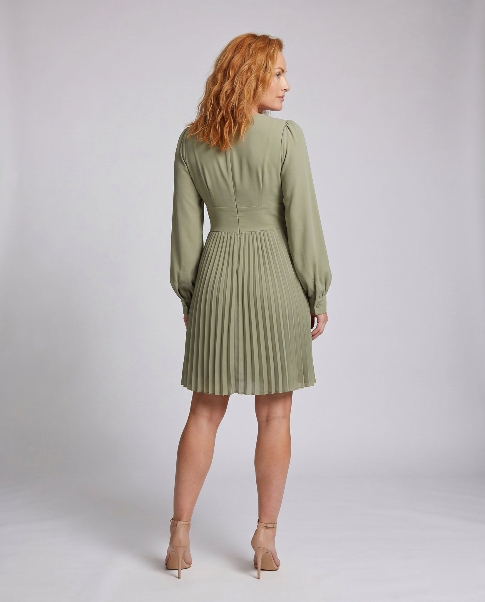 Women's Pleated Dress with Deep V-Neck and Long Sleeves - Chichicherry