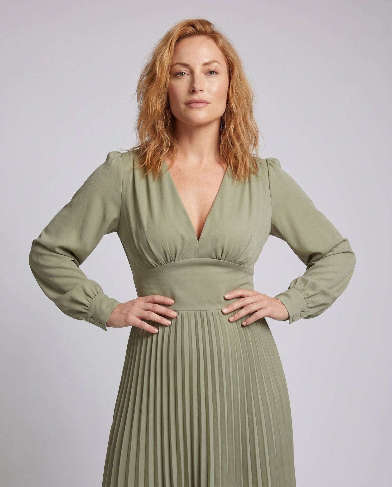 Women's Pleated Dress with Deep V-Neck and Long Sleeves - Chichicherry