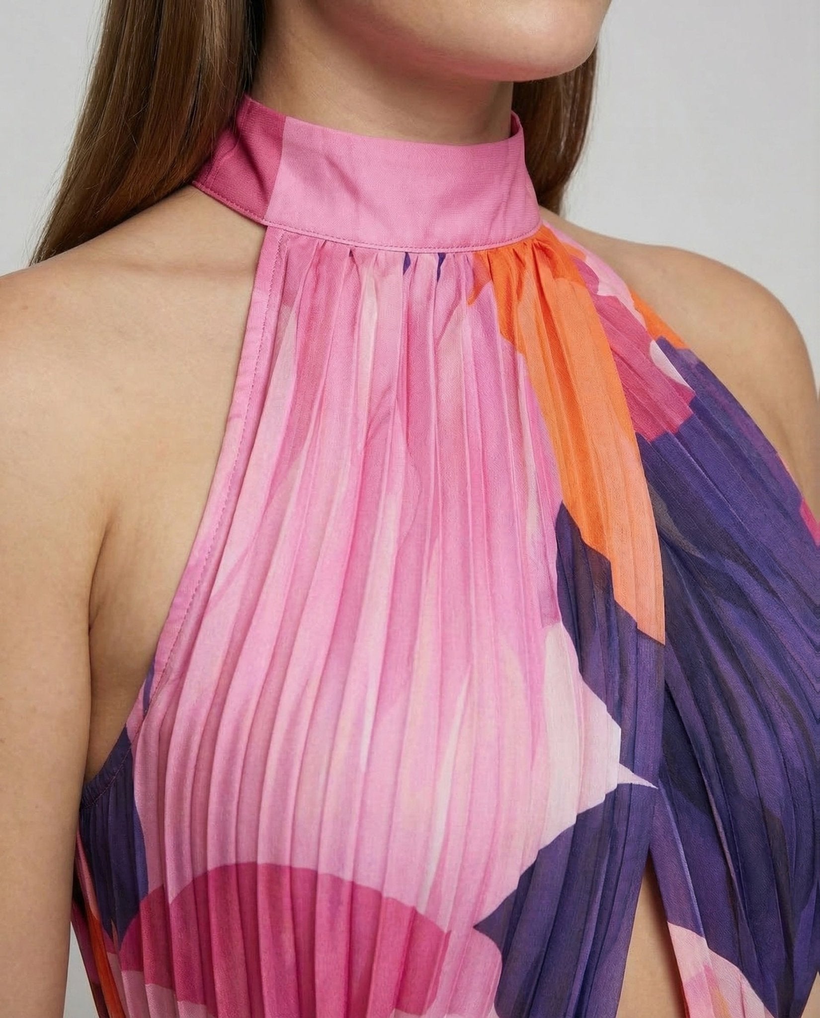 Women's Pleated Maxi Dress Stand Collar - Chichicherry