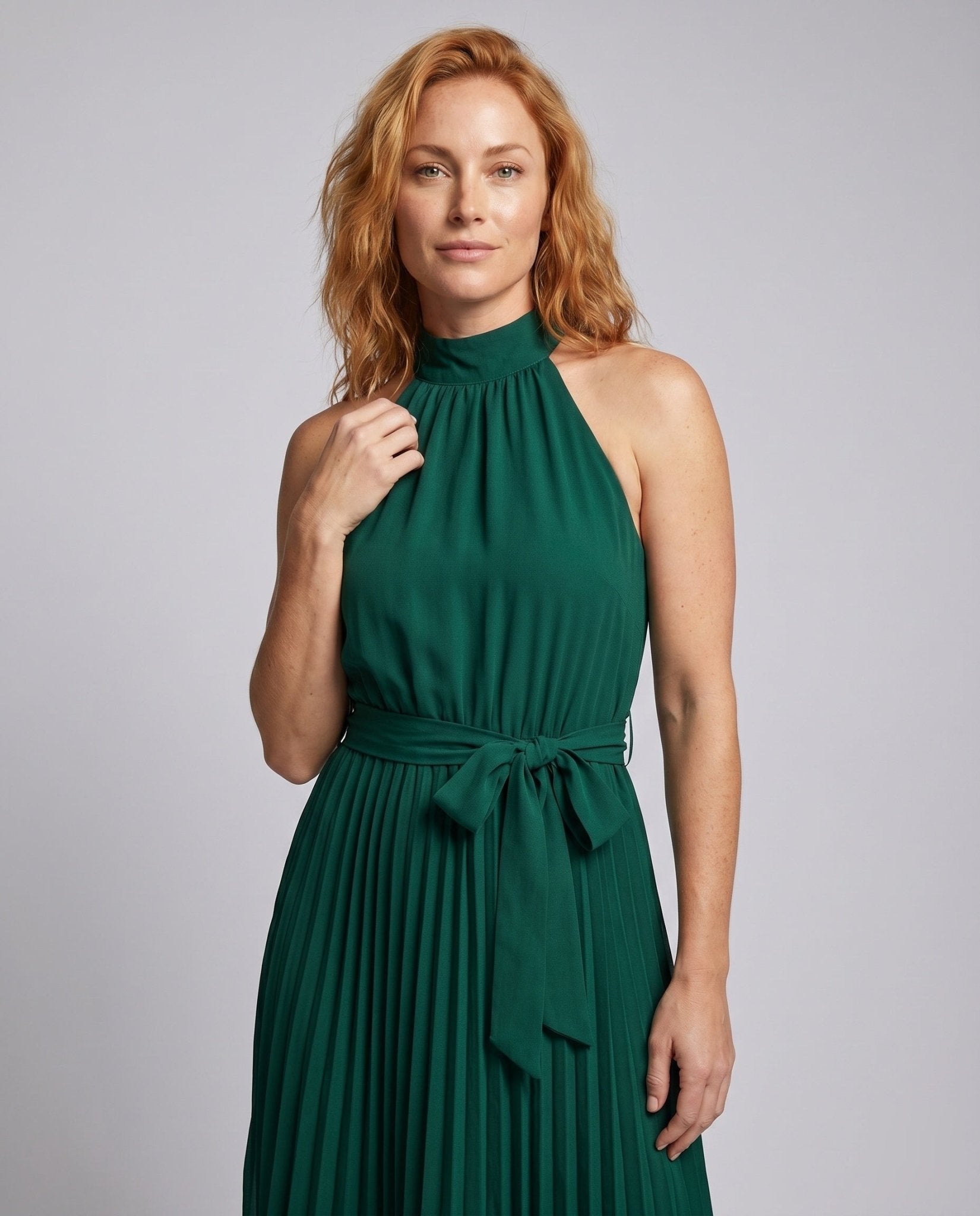 Women's Pleated Maxi Dress with Tailored Tying Belt - Chichicherry