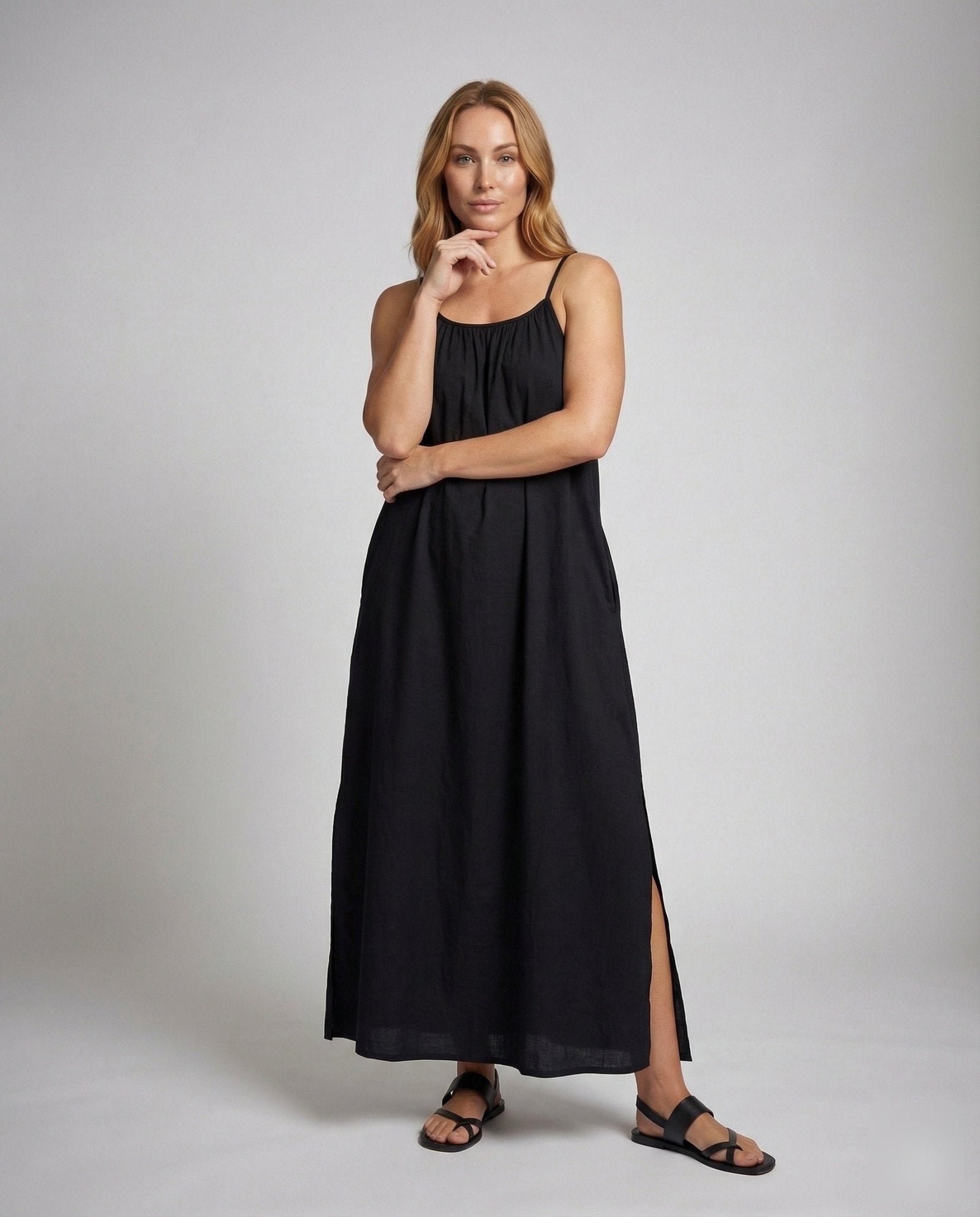 Women's Pleated Maxi Dress with Thin Straps - Chichicherry