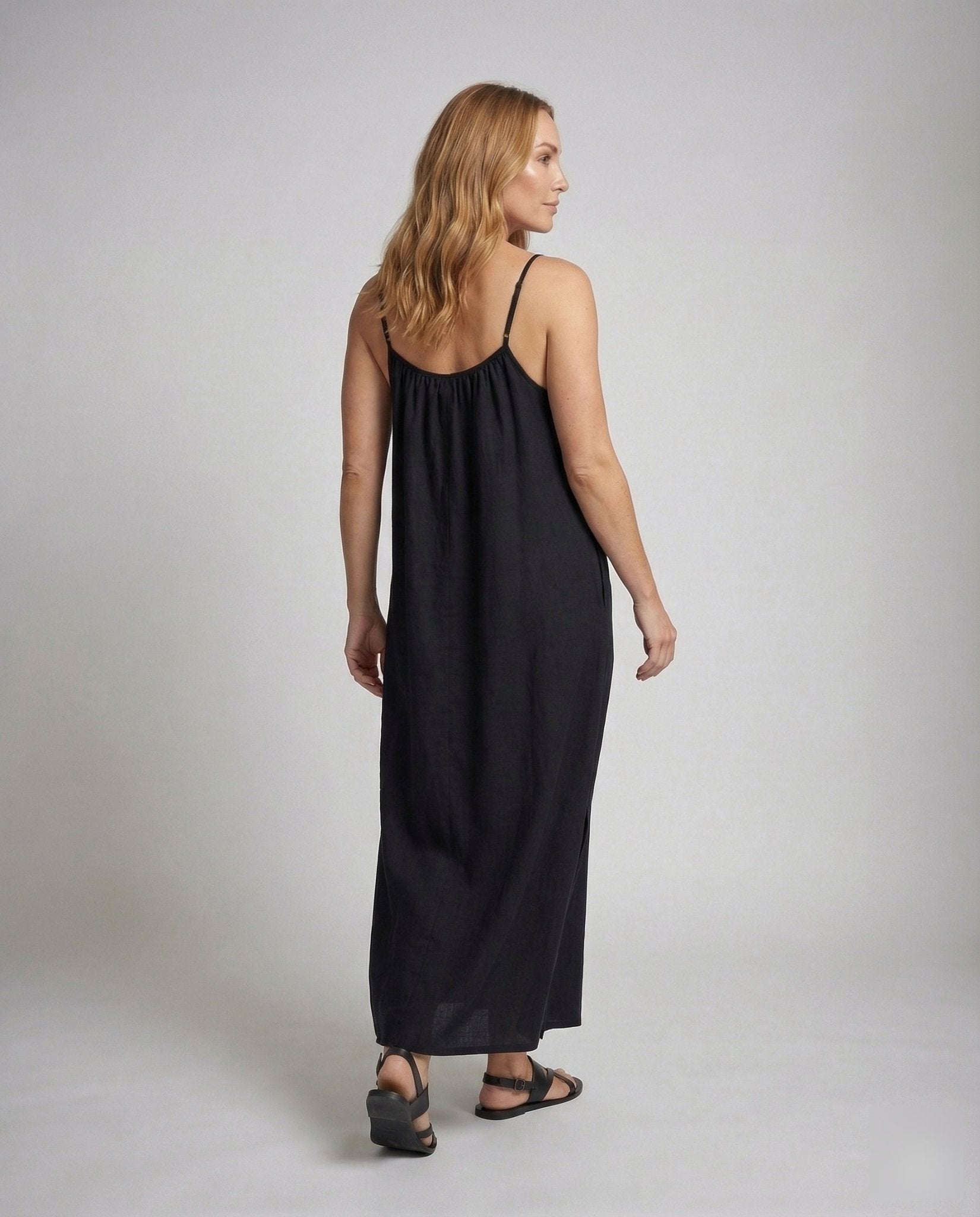 Women's Pleated Maxi Dress with Thin Straps - Chichicherry