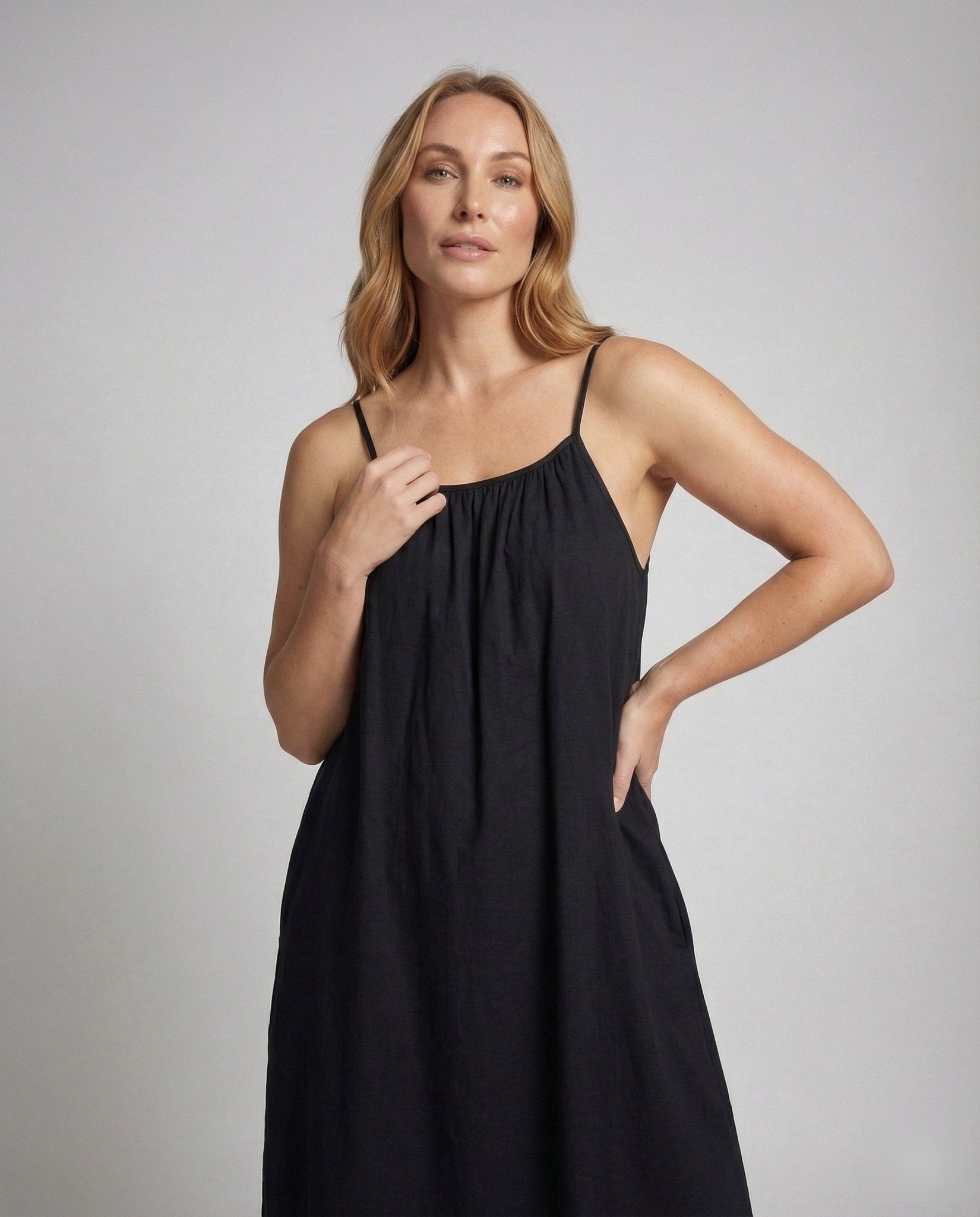 Women's Pleated Maxi Dress with Thin Straps - Chichicherry