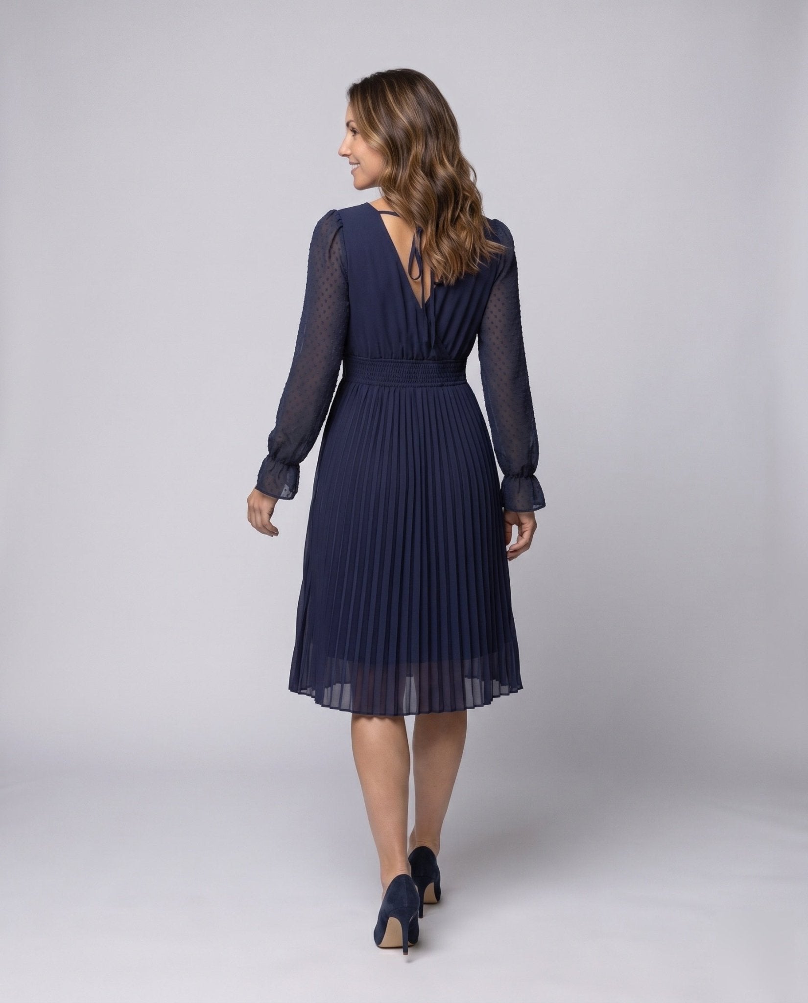 Women's Pleated Midi Dress with Elegant V-Neck and Transparent Sleeves - Chichicherry