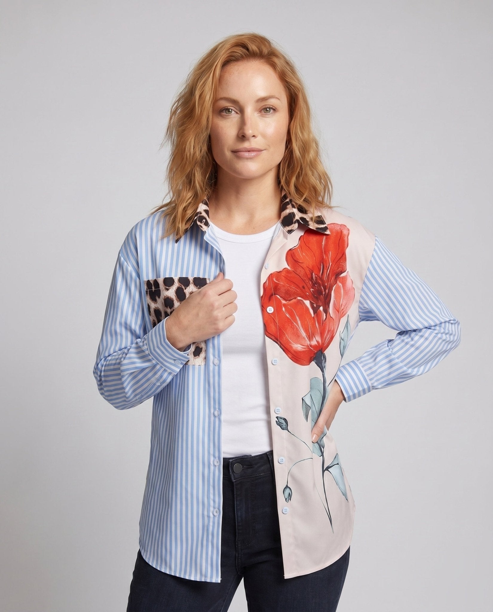 Women's Plus Size Shirt Blouse with Fashionable Patterns and Color Accents - Chichicherry
